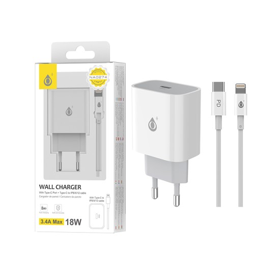 OnePlus EU Wall Charger NA0274 with Type C to Lightning Cable 1PD Port 3.4A Max. 18W White